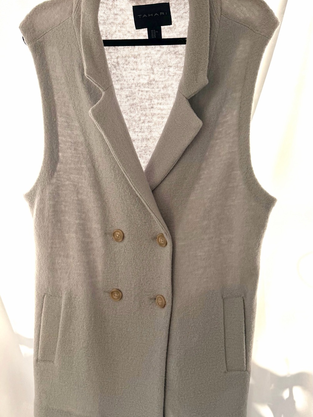 Tahari XL Gray Blue Wool Blend Longline Vest Double Breasted Quiet Luxury